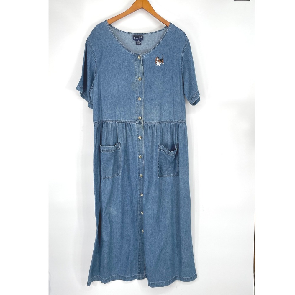 Blue J Prairie Dress 1X Denim Button Front Basset Hound Embroidered Cottagecore